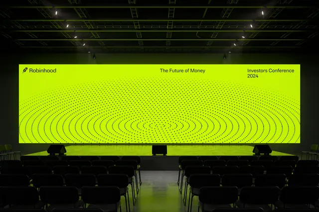 Neon green conference screen with concentric pattern, minimal, corporate-clean, dark