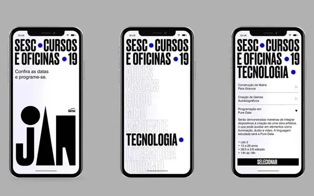 Three-screen mobile interface for Portuguese course directory, minimal, swiss, light