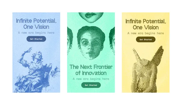 Three-panel startup hero cards with halftone portraits, minimal, gradient-heavy, light