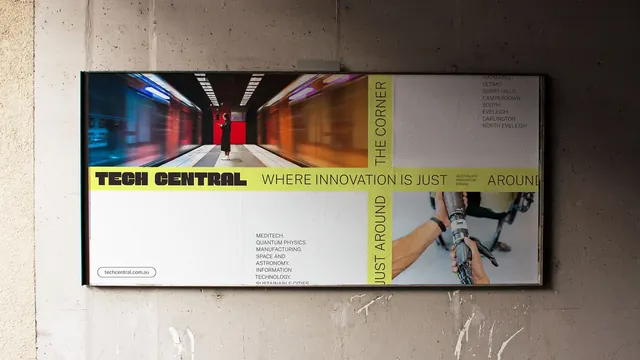 Tech Central billboard with neon interior tunnel, corporate-clean, minimal, warm