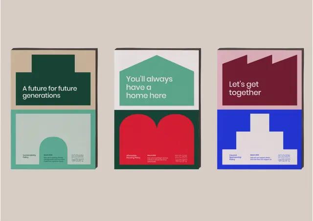 Three-panel institutional color-system graphic, minimal, corporate-clean, high-contrast