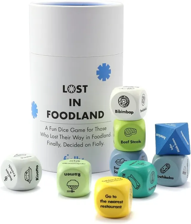 Lost in Foodland dice game packaging, minimal, geometric, light