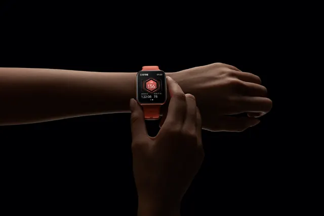 Smartwatch on wrist, rose gold and black product shot, minimal, photographic, dark