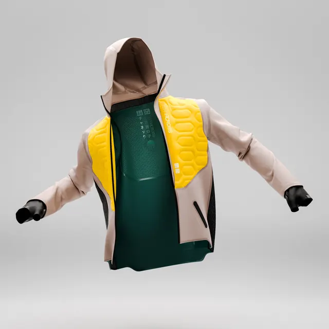 Modular backpack with yellow and green components, 3d-render, technical, warm