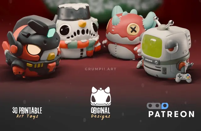 Grumpii mechanical art toys 3D render collection, 3d-render, playful, warm
