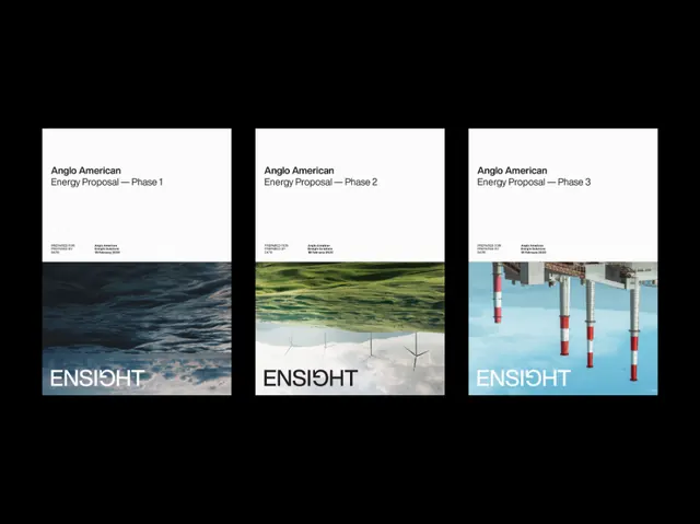 Energy proposal triptych with phase imagery, minimal, corporate-clean, dark
