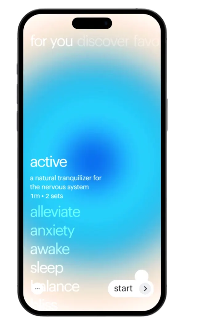 Wellness mobile app with radial blue gradient, minimal, gradient-heavy, cool