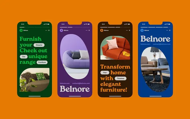 Four-phone furniture mockup grid on orange, photographic, boxed, vibrant