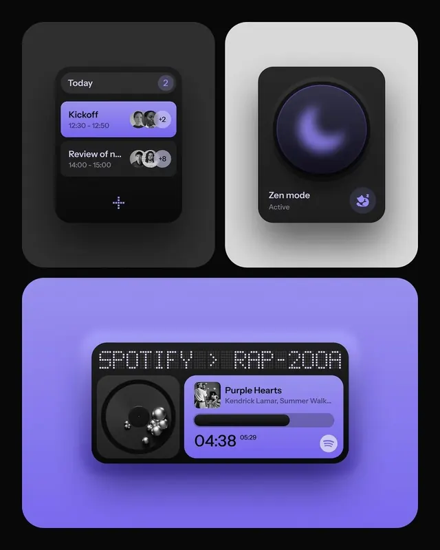 Mobile UI trio: calendar, zen mode, music player, dark-mode, minimal, dark