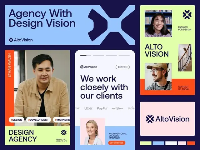 AltoVision design agency branding collage, corporate-clean, minimal, dark
