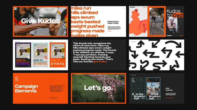 Kudos grid campaign: bold typography and sectional layout, geometric, corporate-clean, dark
