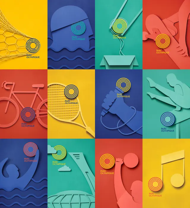 Parc Olympique campaign grid, 3d-render, illustrated, vibrant