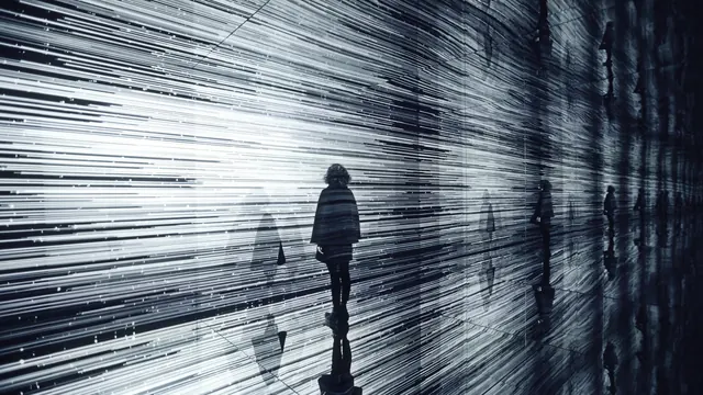 Light installation or data visualization, technical, data-dense, monochrome