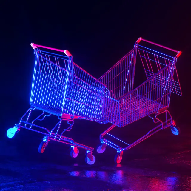 Neon shopping carts motion graphic, 3d-render, technical, vibrant