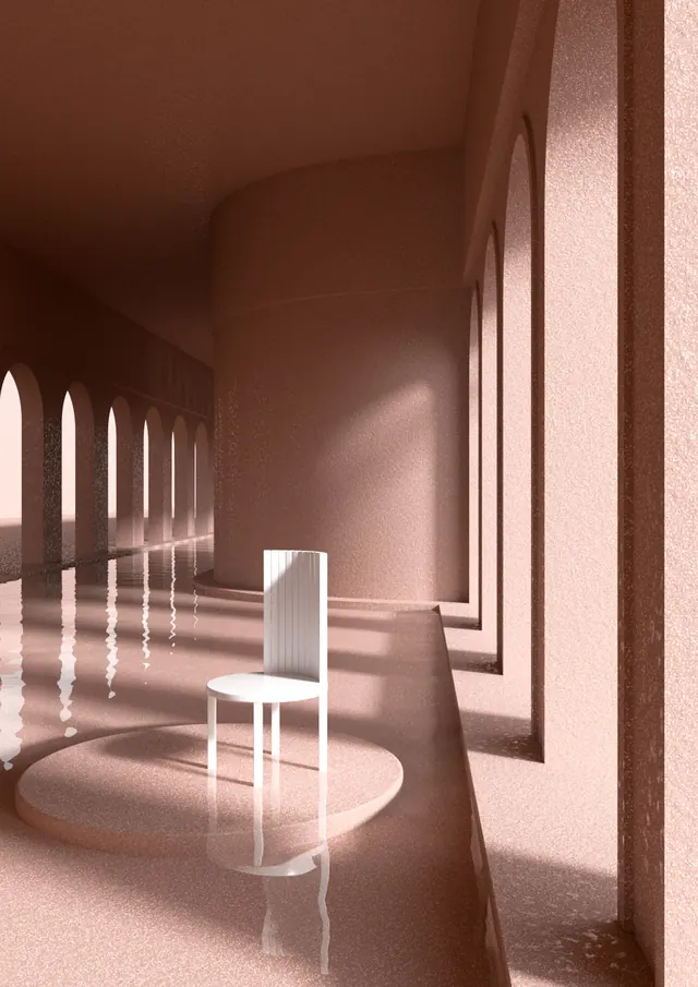 Monochromatic architectural corridor rendering, 3d-render, minimal, warm