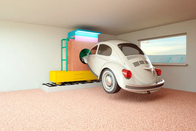 3D render of classic car with colorful objects, 3d-render, playful, warm