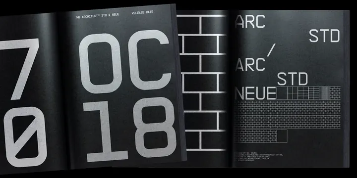 NB Architekt font specimen spread, technical, geometric, dark