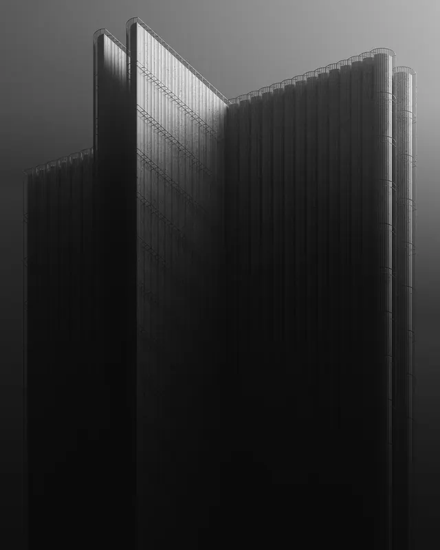 Minimalist brutalist tower 3D render, minimal, brutalist, monochrome