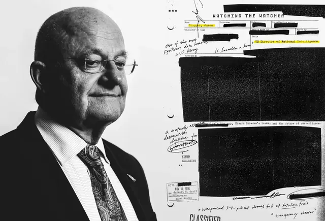Classified document collage with portrait and redaction, editorial, brutalist, dark