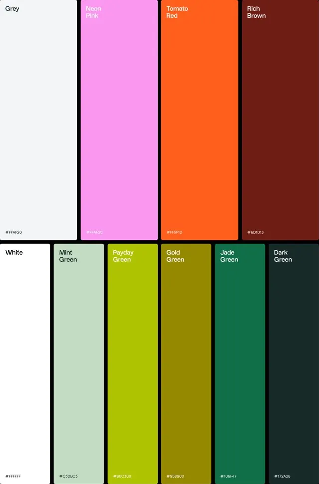 Color palette specimen with named colors, flat, geometric, vibrant