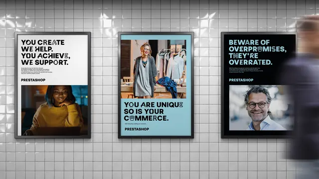 Prestashop brand messaging triptych posters, minimal, corporate-clean, light