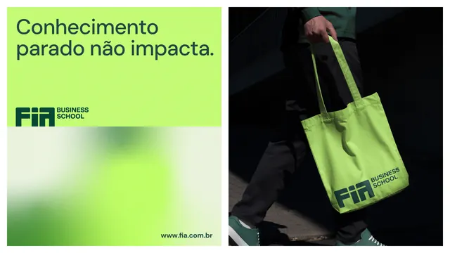 Fin Business School split-screen campaign with lime-green tote bag, minimal, corporate-clean, light
