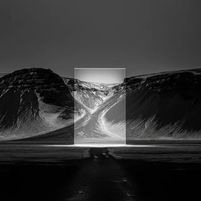 Surreal landscape with floating gateway, abstract, 3d-render, monochrome