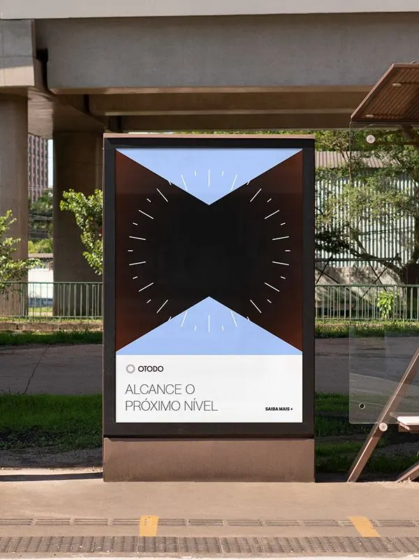 Architectural wayfinding sign with X-pattern cutout, minimal, geometric, dark