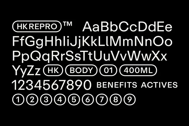 HK Repro typeface specimen, technical, minimal, monochrome
