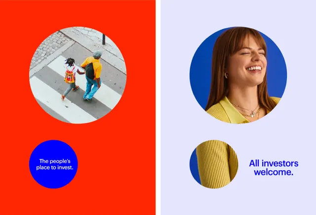 Split-screen investment app with circular image framing and bold color blocks, minimal, corporate-clean, vibrant