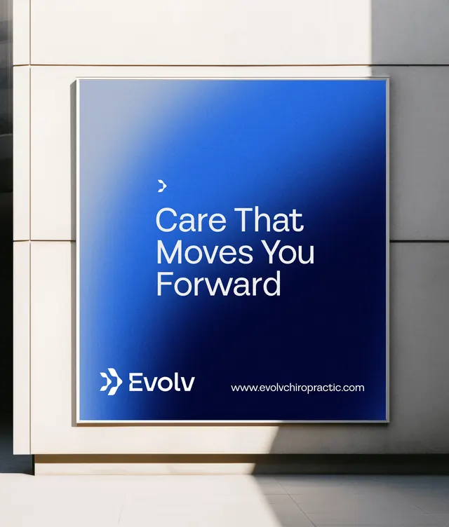 Evolv Chiropractic signage with gradient, minimal, corporate-clean, dark
