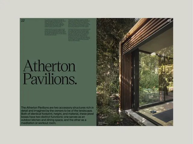 Atherton Pavilions editorial spread with architecture, organic, minimal, muted