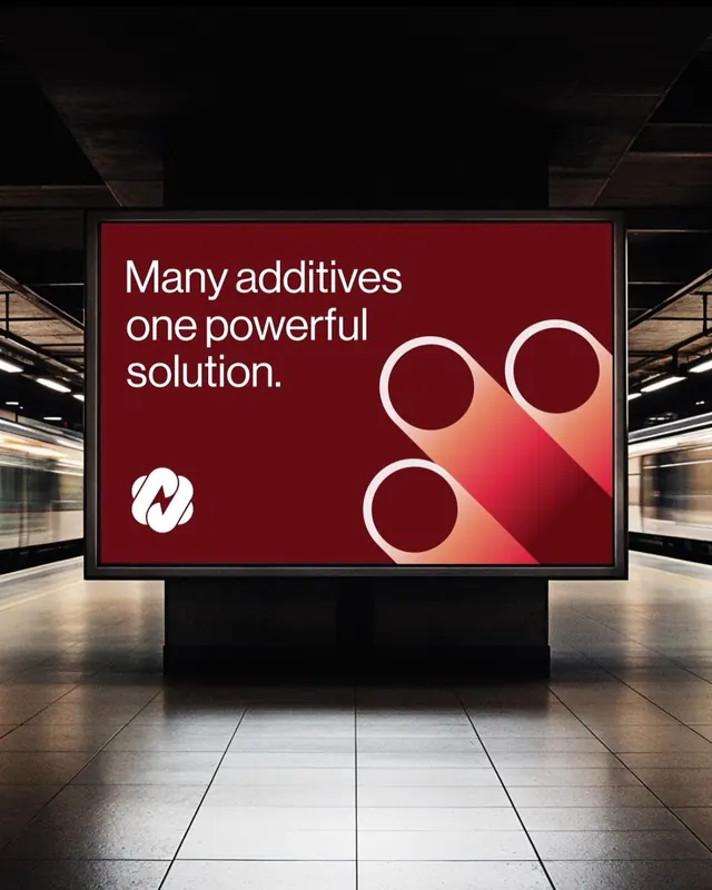 Deep red display poster with geometric accent circles, minimal, corporate-clean, dark