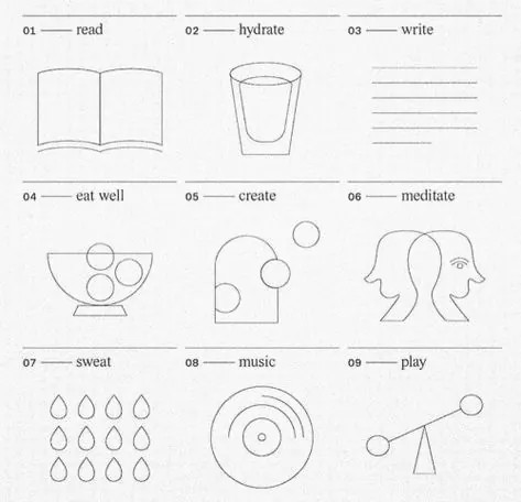 Wellness iconography grid: nine life activities in line art, minimal, line-art, light