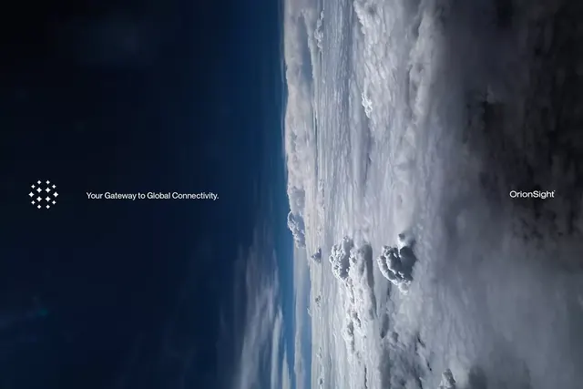 Aerial cloud and ocean landscape with connectivity tagline, photographic, minimal, dark
