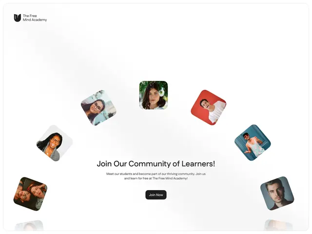 Free Mind Academy community signup with rotated portraits, minimal, flat, light