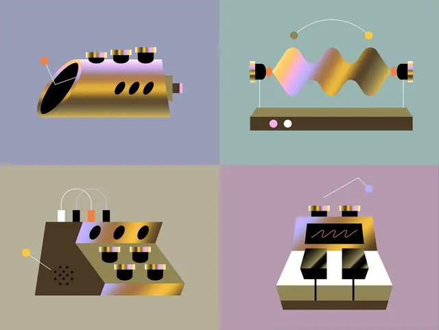 Laboratory equipment 2x2 grid illustration, minimal, flat, warm