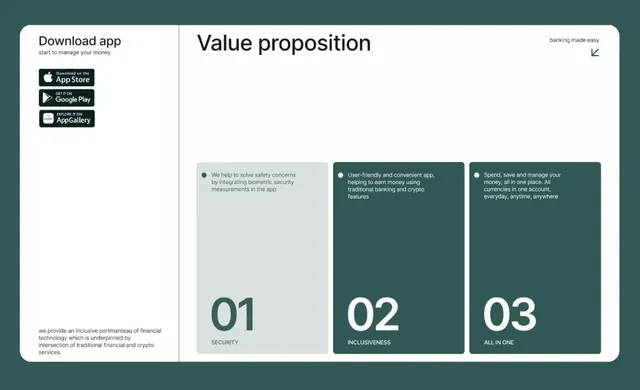 Fintech value prop card layout with app download, flat, corporate-clean, light