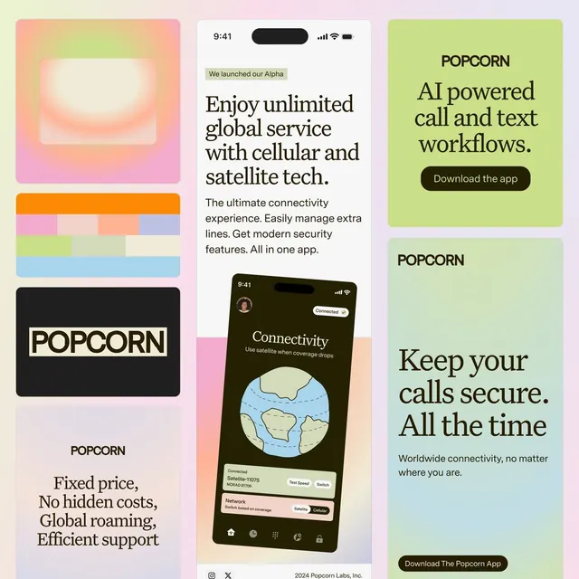 Popcorn app marketing collage with pastel gradients, gradient-heavy, playful, light