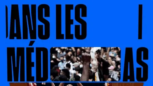 French editorial poster with oversized all-caps type on electric blue, editorial, brutalist, vibrant