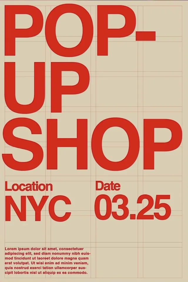 Modular grid poster with bold sans-serif type, minimal, retro, warm