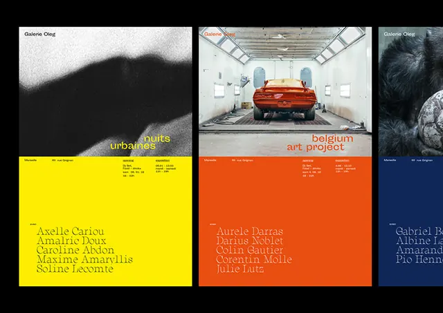 Gallery exhibition layout with photographic and type contrast, minimal, abstract, dark
