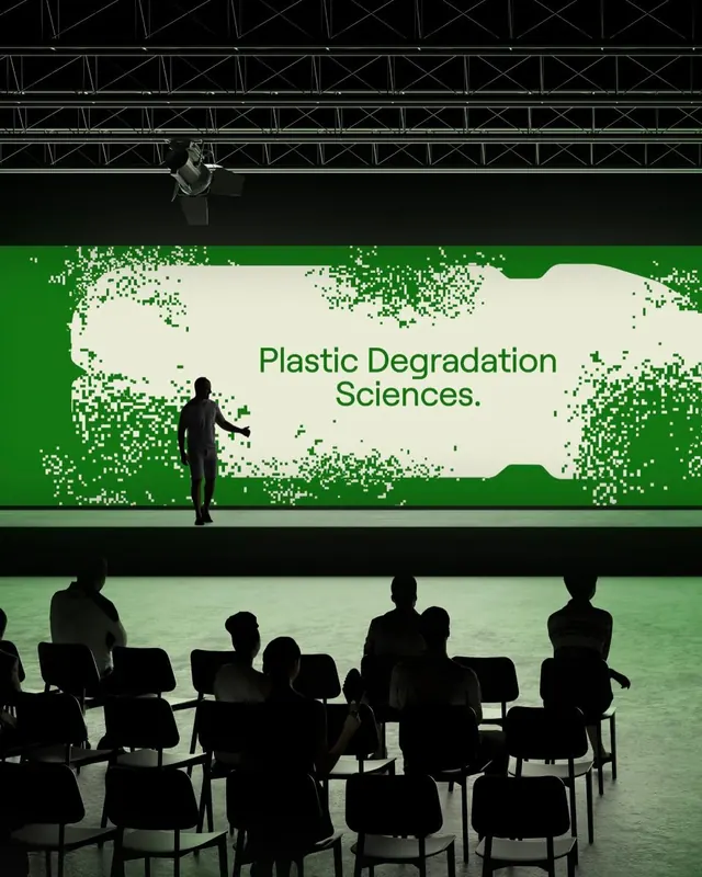 Conference presentation with high-contrast scientific display, dark-mode, minimal, dark