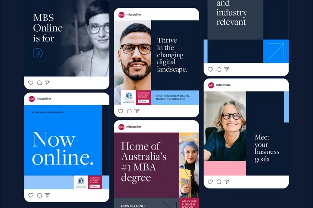 Social card collage for MBA program, minimal, corporate-clean, dark
