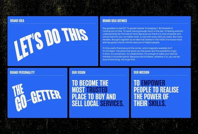 Bold blue brand vision typography grid, corporate-clean, minimal, vibrant