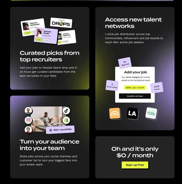 Dark-mode job board with modular card layout, dark-mode, minimal, dark
