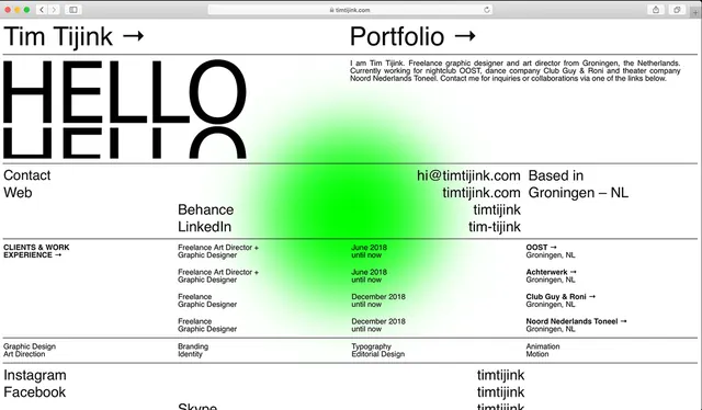 Designer portfolio landing with neon accent blob, minimal, corporate-clean, light