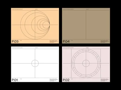 Four-panel technical grid study with concentric circles, technical, geometric, light