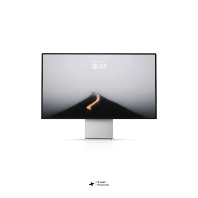 Monitor mockup with mountain-silhouette wallpaper, minimal, photographic, dark