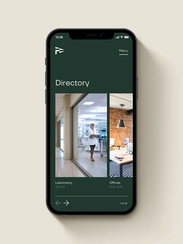 Deep green directory mobile interface, minimal, corporate-clean, dark